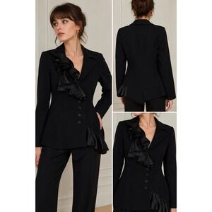 Vintage JÓN Black Wool Ruffle Asymmetrical Cocktail Blazer Jacket‎  S/M